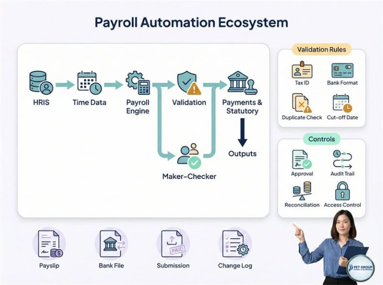 Payroll automation with validation and human review