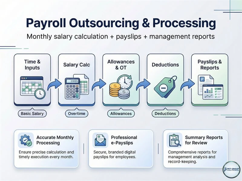 Monthly payroll processing from inputs to payslips and reports